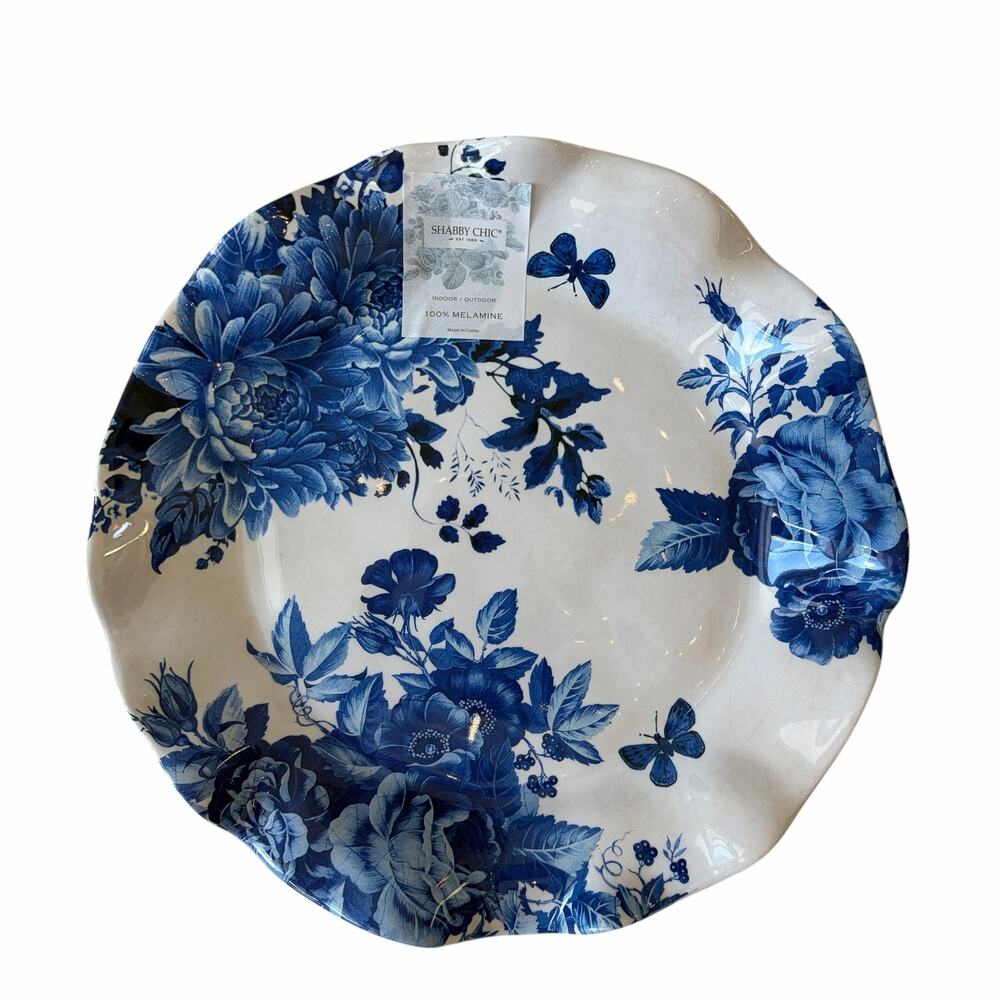 3pc Shabby Chic Blue & White Floral Melamine Salad Plates 8in Fluted Edge NEW